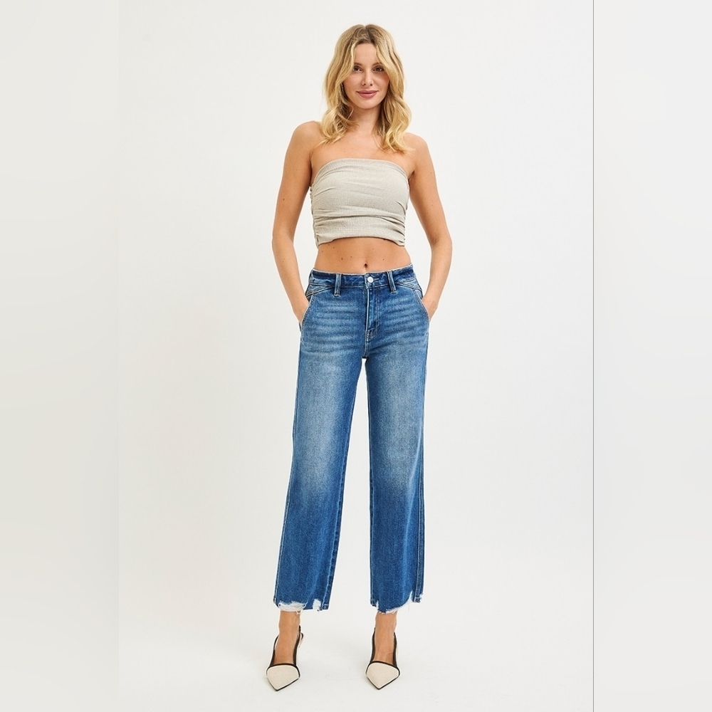 RISEN HR Dark Wash Straight Ankle Jeans Slant Pocket Waist Detail Various NEW